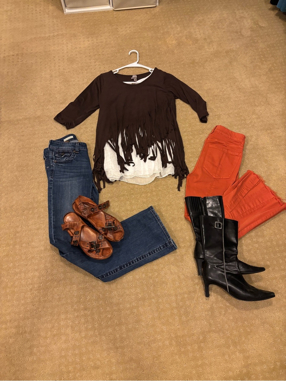 Topia Brown Fringe Top Women’s Boho Western Fall 2026 Festival 3/4 Sleeve Tunic